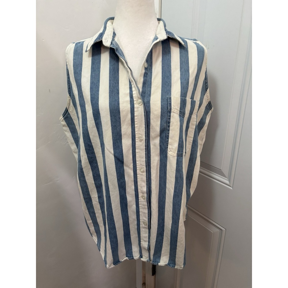 Andrews Blues Shirt Womens Large Blue White Striped Sleeveless‎ Button Casual